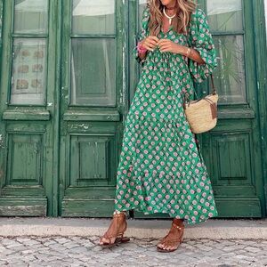 Floral Print Green Floral Maxi Dress